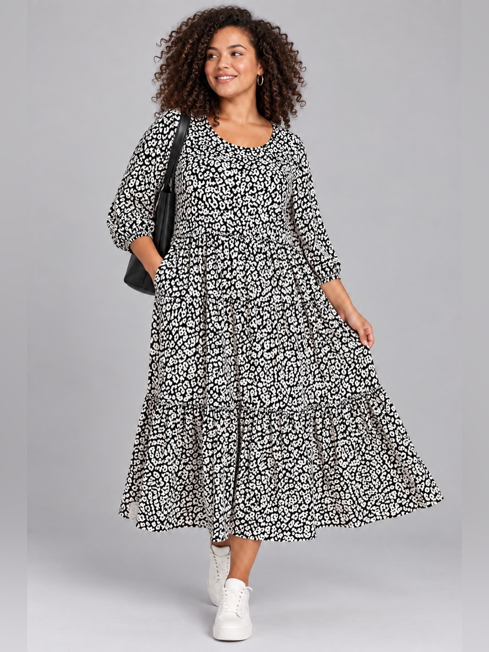 NWT Velvet Torch Black White Leopard Print Tiered Midi Dress Large